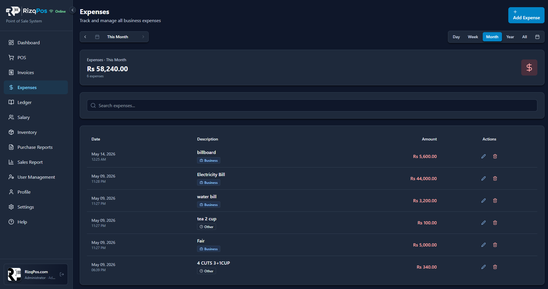Expenses list with monthly totals