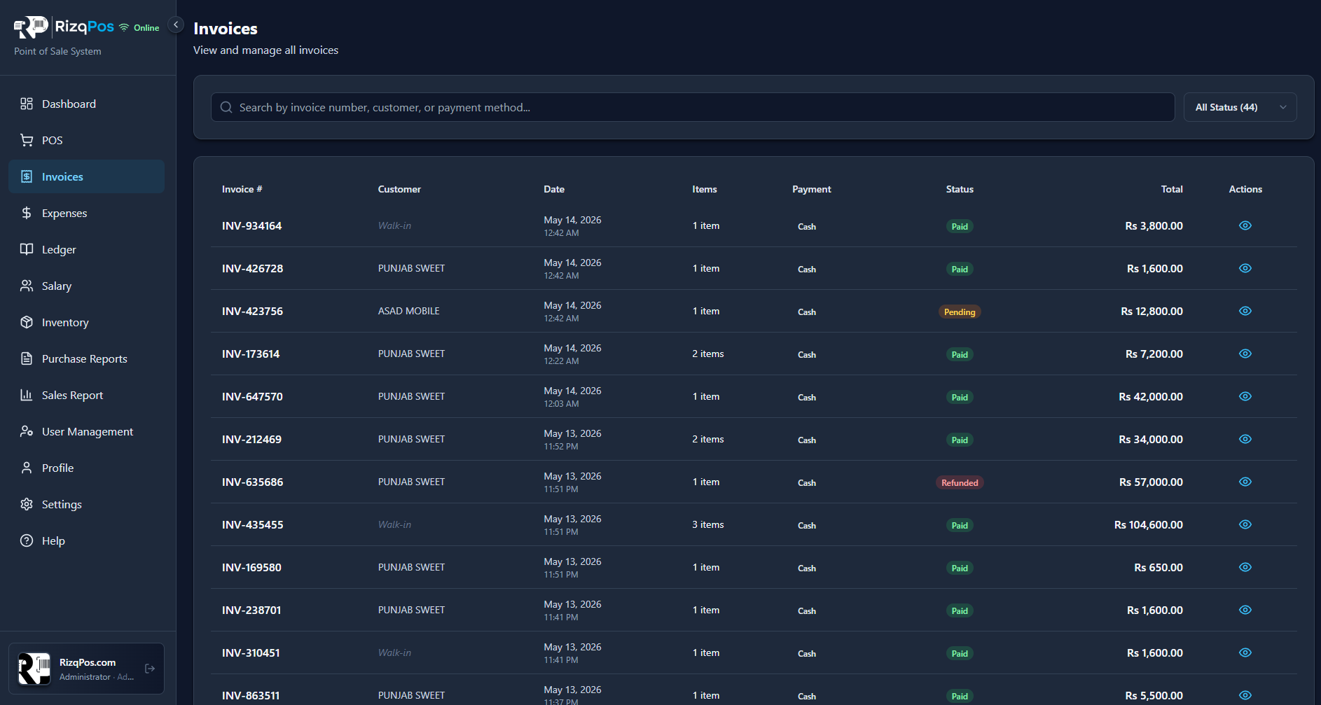 RizqPos Invoices screen