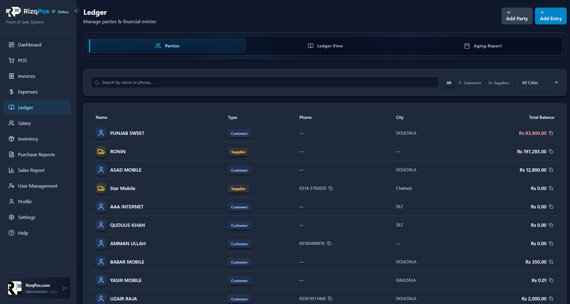 Ledger parties list with balances