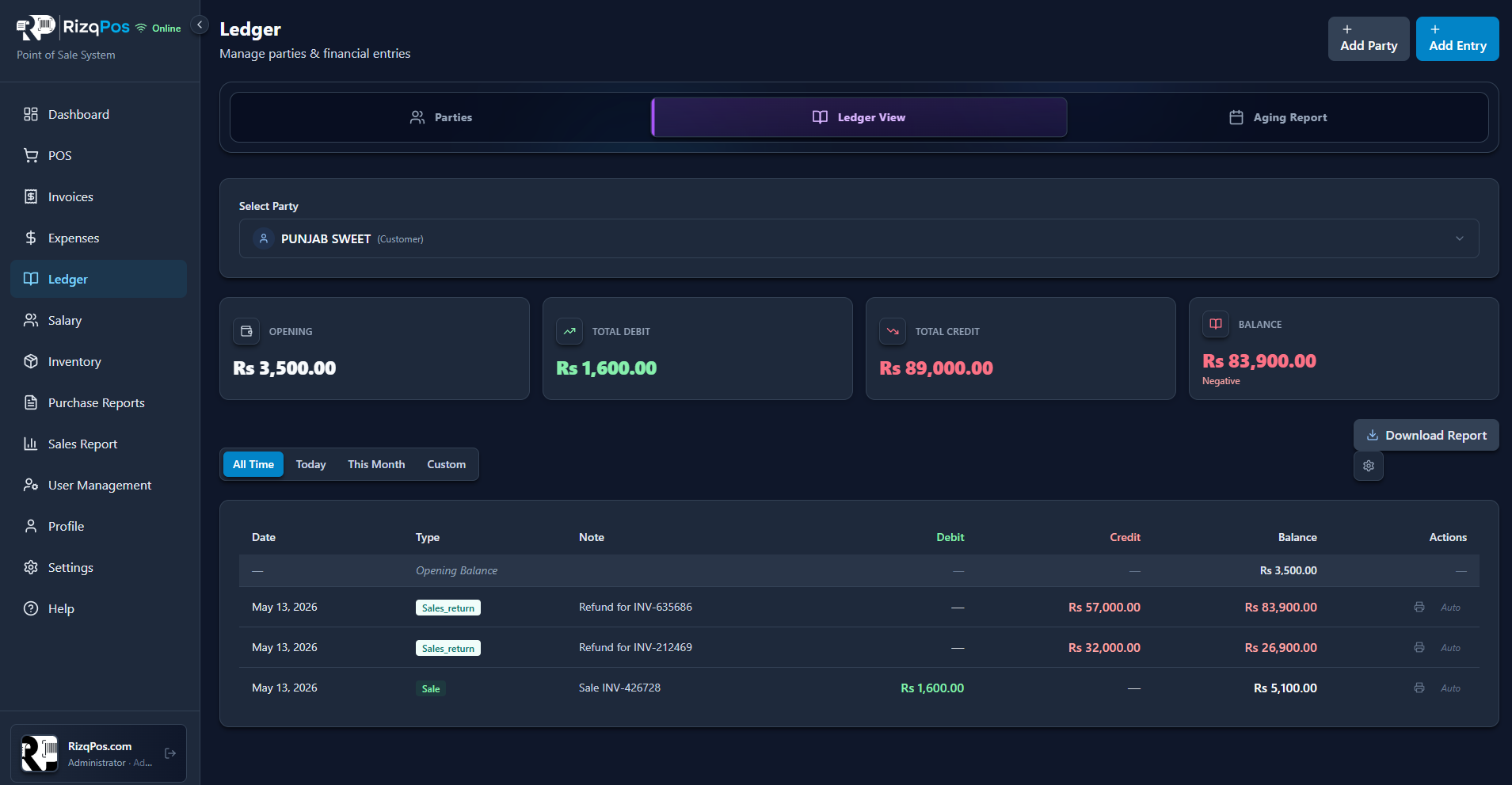 RizqPos Ledger screen